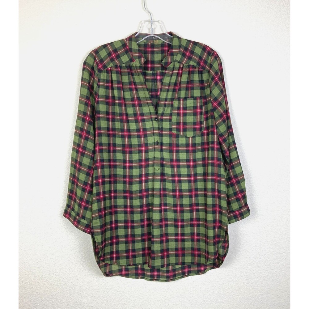 Fun2Fun Women's V-Neck Popover Blouse Size M Green Red 3/4 Roll-Tab Sleeve